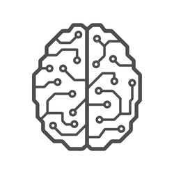  Cybernetic brain microchip logo. Artificial intelligence emblem. Digital electronic robot brain.