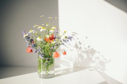 Bouquet of wildflowers in a small glass vase on the white table. Poppies, chamomiles, cornflowers, green grass. Summer photo. Contrast shadows on the white wall. Country style.