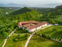 Aerial view over The Medieval Orthodox Rozhen Monastery near Melnik, Bulgaria. Nativity of the Mother of God church