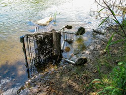 Shopping cart in the river on the shore