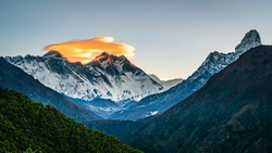 Panoramic view of Mt Everest, Lhotse and Ama Dablam peaks from Namche view point. Panorama of highest mountains in Nepal during Everest Base Camp trek.