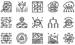 Set of Vector Icons Related to Data Analysis. Contains such Icons as Data Visualization, Big Data, Cloud Data, Traffic Analyse, Statistics and more.