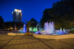 Fountain and night light in the town-hall square in Varna, Bulgaria