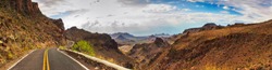 ROUTE 66 - OATES, SITGREAVES PASS IN BLACK MOUNTAINS, ARIZONA / CALIFORNIA - PANORAMA - AERIAL VIEW. DRONE SHOT.