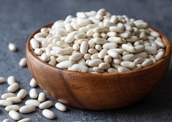 Raw Organic White Beans in a Bowl. Cannellini, Navy, Great Northern or White Kidney Beans. Healthy Diet Concept. Top view, Copy Space, Space for Text.