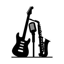 Music jazz band icon. Group of black musical instruments electric guitar saxophone microphone isolated on white background. Vector audio art logo illustration for concert festival party poster club