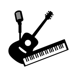 Music band group concept. Musical instruments guitar, piano & mic. Vector black-white flat icon. Audio media entertainment culture logo in retro style for club festival party studio restaurant cafe