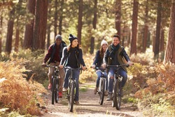 Group of friends on bikes in forest front view