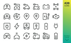 Electric car outline vector icon. Set of e car, electric bus, truck, vehicle, auto, charge station parking, engine, plug, battery, eco transport, autopilot, smart car isolated editable stroke icon
