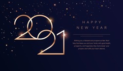 Luxury 2021 Happy New Year background. Golden design for Christmas and New Year 2021 greeting cards with New Year wishes of health and prosperity. Vector background in gold and dark blue black color