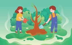 Arbor day two children are planting a tree with plants in the background, vector illustration