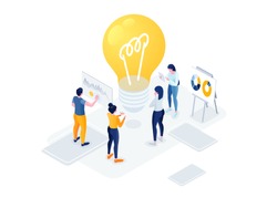 Flat isometric vector business illustration. small people characters develop creative business idea. Isometric big light bulb as metaphor idea. Graphics design for posters, flyers and banners, Landing