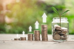The plant grows on a coin in a glass jar with a green bokeh background and an arrow pointing up icon means the growth spurt. Money saving ideas Saving business planning