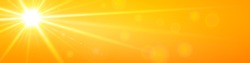 Realistic banner bright orange coastline sky with sun and sunbeam. Vector background of daytime sunny desert sky.
