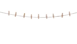 Nine wood clothes pins hanging on brown rope isolated on white background , clipping path
