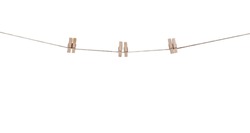 Three pair of wood clothes clip patterns hanging on brown string isolated on white background , clipping path