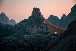 Dolomites mountains during sunrise, sunset, unbelievable peaks in nice weather conditions and colorful scene. Amazing summer nature with mood and light. 