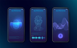 Biometric fingerprint scanners, face recognition and voice recognition for authorization verification with futuristic identification interface. Technology Smart Phone Scanning.Set HUD Elements. Vector