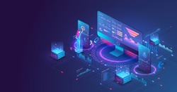 The woman interacting with the statistical analysis and diagram. Data analysis in isometric vector design. Network mainframe infrastructure website layout. Data visualization concept. Trends 3D vector