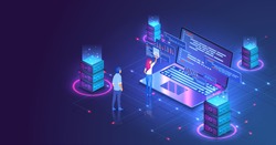 Web hosting or programming concept. Web programming development, laptop with UI UX interface. Computer web data center server isometric landing vector page. Vector illustration