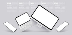 Computer, tablet and smartphone responsive with white screen. Mockups gadgets vector set. 3D realistic models technology device and electronics. Gadgets from different angles, perspective, isometric.