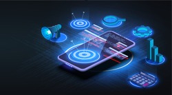 The futuristic target is located on an isometric phone. Business target banner. Concept of work strategy, company goal and focus. Growth strategy or financial goal concept. Vector illustration