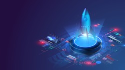 Futuristic rocket takes off, on a blue background with dashboard chart and graphs. Startup concept in isometric. Business Start up launching product with rocket concept. Template and Background.