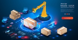 Smart logistics industry 4.0. Asset warehouse and inventory management supply chain technology concept. 3D Robot Palletizing Systems, Robotic arm loading and scan cartons on pallet. Erp. Auditing data