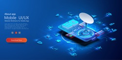 The concept of connecting devices in a 5G network, a wireless new communication technology. The antenna is installed on phone screen. Global network high speed network. Smart home, IOT system via 5th
