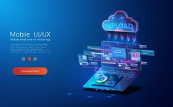 Cloud digital storage. The concept of the technology of downloading from the cloud to a computer or uploading file on cloud server. Data transfer application. Web banner template. Vector illustration