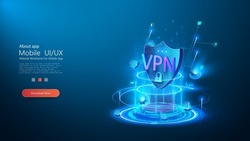 Futuristic hologram of a shield with the inscription VPN. Network security concept. Data protection. Cyber security. Virtual Private Network icon. Internet Security. Vector illustration