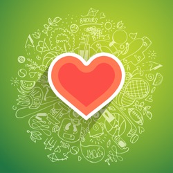 Healthy heart symbol with doodle concept with sketches about sport and health around it, vector modern concept about healthy lifestyle, heart disease treatment with sport, natural food, good sleep.