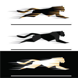Silhouettes of running big felines with motion trails  - geometric style.