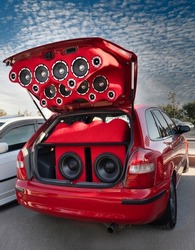 Car sounds system on a red car.