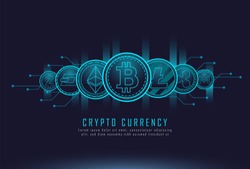 set of most famous cryptocurrency coins with cryptocurrency text , Vector illustrator
