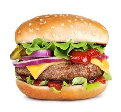 single cheeseburger isolated on white background