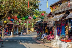Colorful street with shops in Hoi An Vietnam