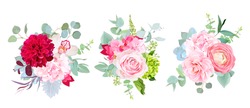 Wedding seasonal flowers vector design bouquets. Rose, dahlia, orchid, hydrangea, camellia, ranunculus, succulent, eucalyptus. Floral border composition.All elements are isolated and editable