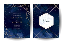 Magic night dark blue cards with sparkling glitter and line art. Diamond shaped vector wedding invitation. Gold confetti and marble navy background. Golden scattered dust. Fairytale magic templates.