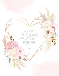 Flower geometric heart line art vector design frame. Wedding watercolor flowers. Ivory white peony, dusty pink blush orchid, hydrangea, ranunculus, pampas grass, dry leaves card. Isolated and editable