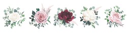Greenery, burgundy red and white peony, blush rose flowers vector design wedding bouquets. Rustic greenery. Mint and wine red tones. Watercolor arrangement decor. Summer style. Isolated and editable