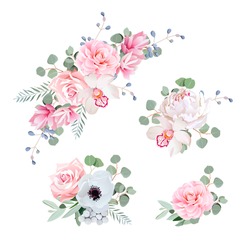 Sweet wedding bouquets of rose, peony, orchid, anemone, camellia, blue berries and eucalyptus leaves. Vector design elements.
