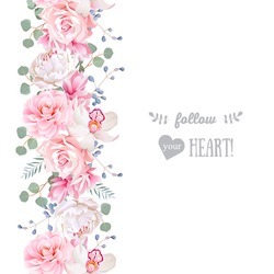 Vertical seamless line garland with camellia, rose, peony, eucalyptus leaves and orchid. Cute wedding floral vector design frame. Banner stripe element.