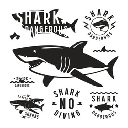 Shark dangerous emblems, labels and design elements. Black print on white background