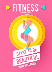 Woman Fitness Poster Template. Sport Motivation. Paper 3D Art. Workout girl. Sports and Health Care Flyer. Gym Design. Vector illustration