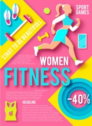 Woman Fitness Poster Template. Sport Motivation. Paper 3D Art. Workout girl. Sports and Health Care Flyer. Gym Design. Vector illustration