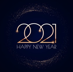 Happy new 2021 year! Elegant gold text with light. Minimalistic text 