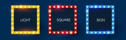 Shining retro square light sing set. Vintage banner with light bulbs. Cinema, theatre, ad, show and casino design.
