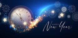 Happy New Year! Countdown. Clock and fireworks, lights and bokeh effect.