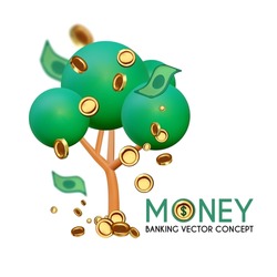 Money Tree. Luck, rich and prosperity concept with 3D simple tree and falling golden coins and dollar banknotes